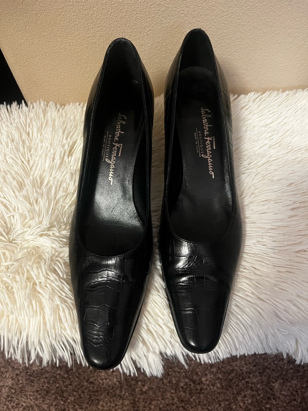 Salvatore Ferragamo Black Croc-Embossed Pointed Toe Pumps